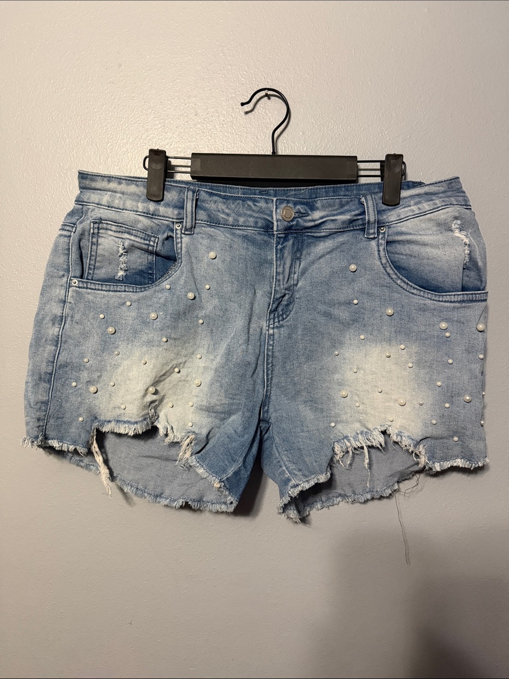 Angel Kiss Light Blue Distressed Pearl-Accent Denim Shorts